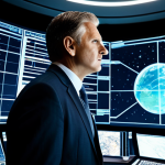 A highly detailed image of a professional male analyst, fully clothed in a modest business suit, intently observing large, glowing holographic displays showing intricate real-time satellite data and dynamic Earth views. The setting is a sophisticated, futuristic space operations control center, characterized by clean lines and advanced technology. The overall atmosphere is one of vigilance and secure operations. Perfect anatomy, correct proportions, natural pose, well-formed hands, proper finger count, natural body proportions, safe for work, appropriate content, fully clothed, professional. High-quality professional photography, ultra-detailed, cinematic lighting.