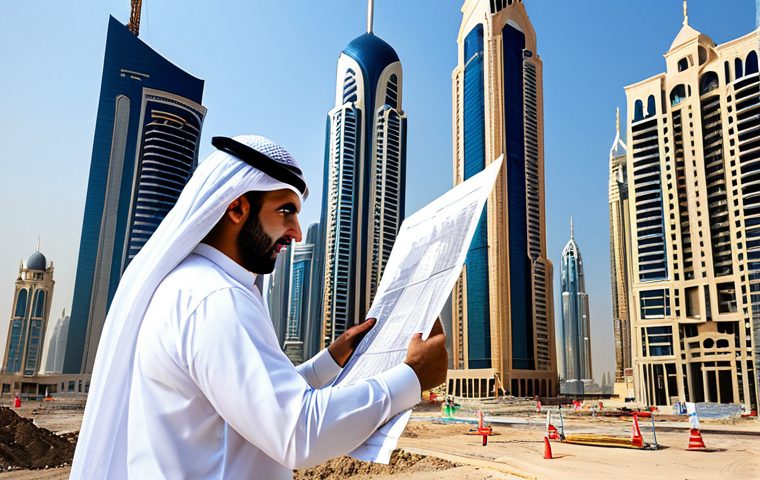 **

A professional Arab architect, fully clothed in modest attire, reviewing blueprints at a construction site in Dubai with skyscrapers in the background, safe for work, perfect anatomy, professional photography, high quality.

**