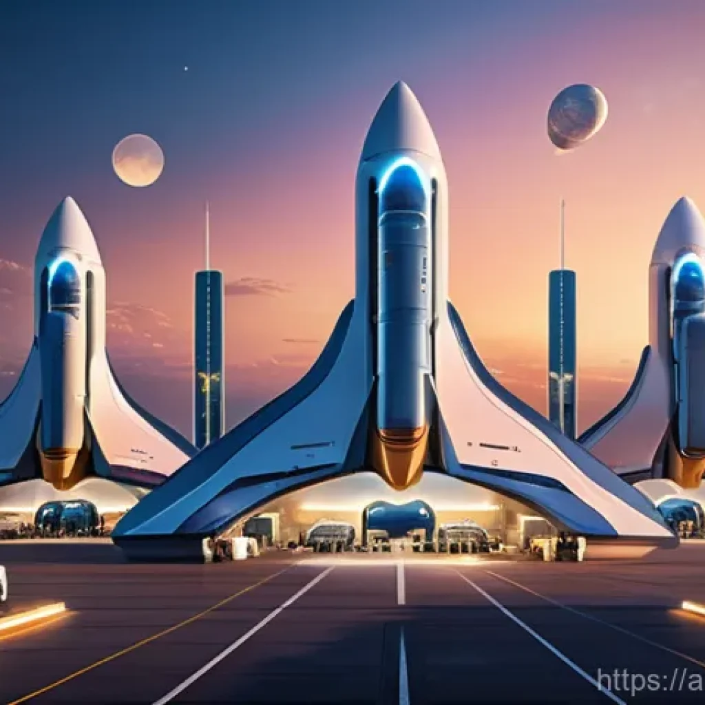우주 경제와 민간 투자 동향 - **Prompt:** A dynamic, wide-angle shot of a futuristic commercial spaceport at dawn. Sleek, reusable...