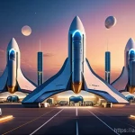 Home 14 우주 경제와 민간 투자 동향 - **Prompt:** A dynamic, wide-angle shot of a futuristic commercial spaceport at dawn. Sleek, reusable...