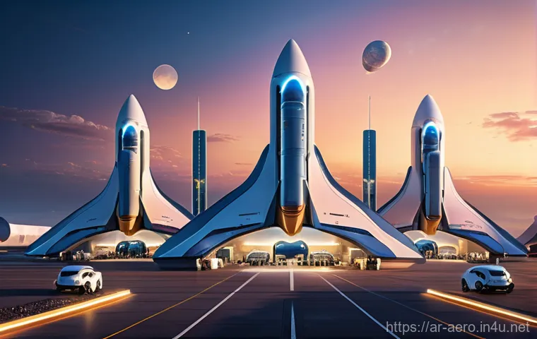 우주 경제와 민간 투자 동향 - **Prompt:** A dynamic, wide-angle shot of a futuristic commercial spaceport at dawn. Sleek, reusable...
