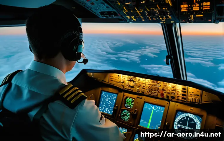 항공기 레이더 시스템 - **Prompt:** "A highly detailed, cinematic shot from inside a modern aircraft cockpit during a modera...