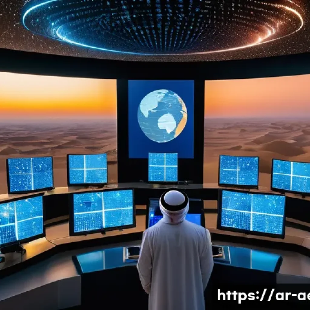 위성통신 및 데이터 링크 - A detailed futuristic satellite communication control center located in a desert region of the Arabi...