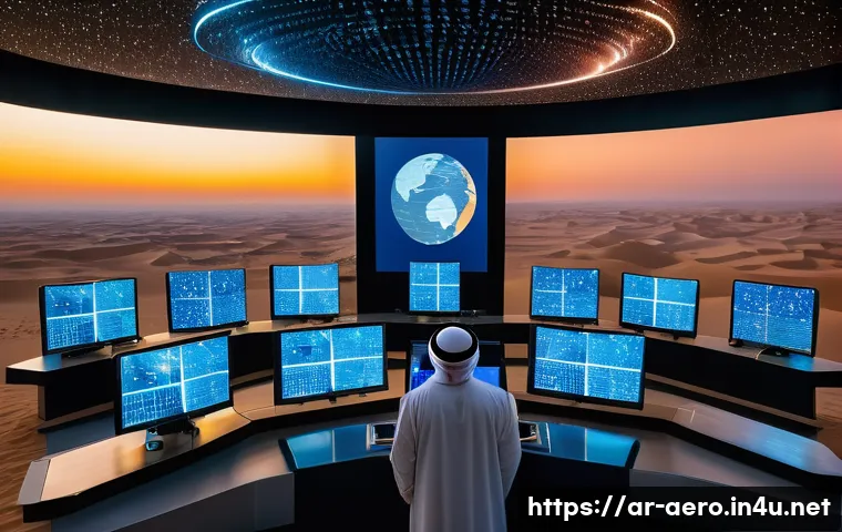 위성통신 및 데이터 링크 - A detailed futuristic satellite communication control center located in a desert region of the Arabi...