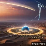 스페이스X 스타링크와 6G 기술 - A futuristic satellite communication network scene over a vast desert landscape in the Arabian Penin...