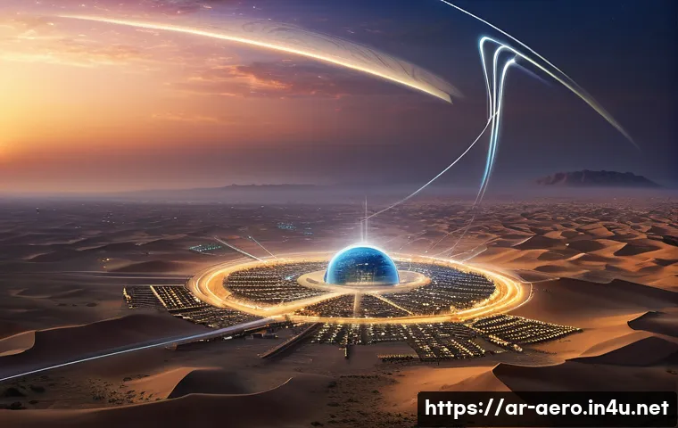 스페이스X 스타링크와 6G 기술 - A futuristic satellite communication network scene over a vast desert landscape in the Arabian Penin...