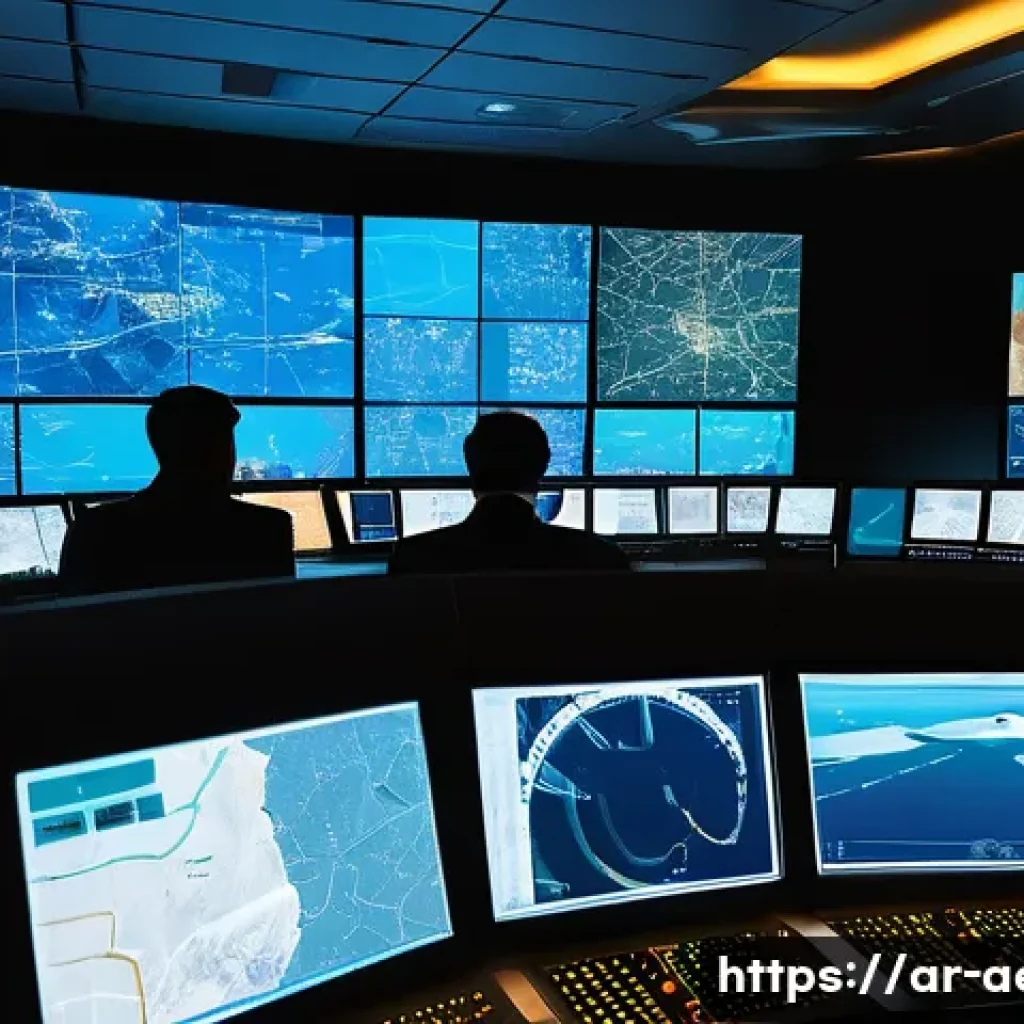 항공전자 및 항법 시스템 - A highly detailed control room of an air traffic control center in a Middle Eastern setting, featuri...