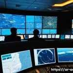 항공전자 및 항법 시스템 - A highly detailed control room of an air traffic control center in a Middle Eastern setting, featuri...