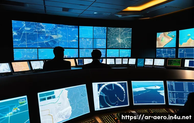 항공전자 및 항법 시스템 - A highly detailed control room of an air traffic control center in a Middle Eastern setting, featuri...