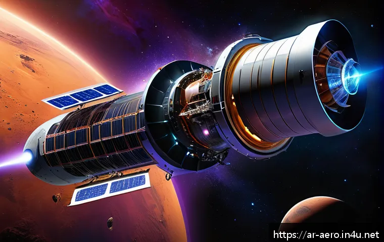 이온 추진 및 플라즈마 추진 - A detailed futuristic spacecraft propulsion system featuring advanced electric ion thrusters and pla...