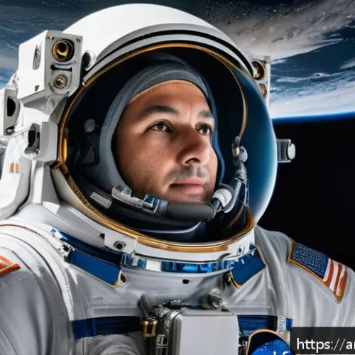 우주복 설계 및 제작 - A detailed close-up of a modern astronaut suit designed for extreme space conditions, showcasing mul...