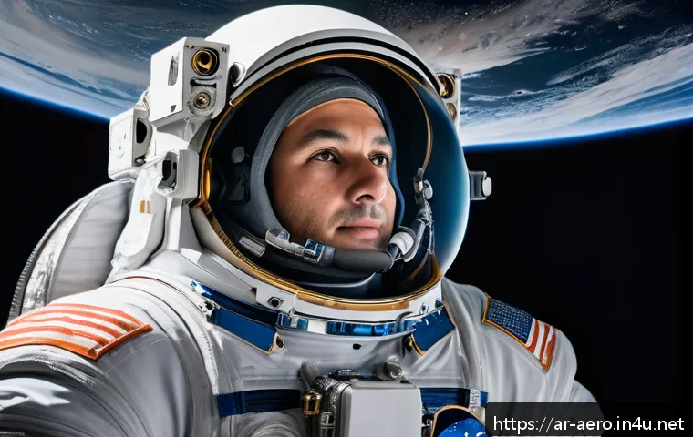 우주복 설계 및 제작 - A detailed close-up of a modern astronaut suit designed for extreme space conditions, showcasing mul...