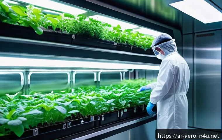 우주용 바이오 기술 - A futuristic closed-loop space agriculture system inside a high-tech space station module, featuring...