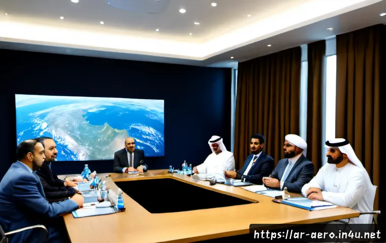 Home 17 우주개발 윤리 및 정책 - Photorealistic policy meeting in a modern Gulf-region space agency conference room, diverse Arab sci...
